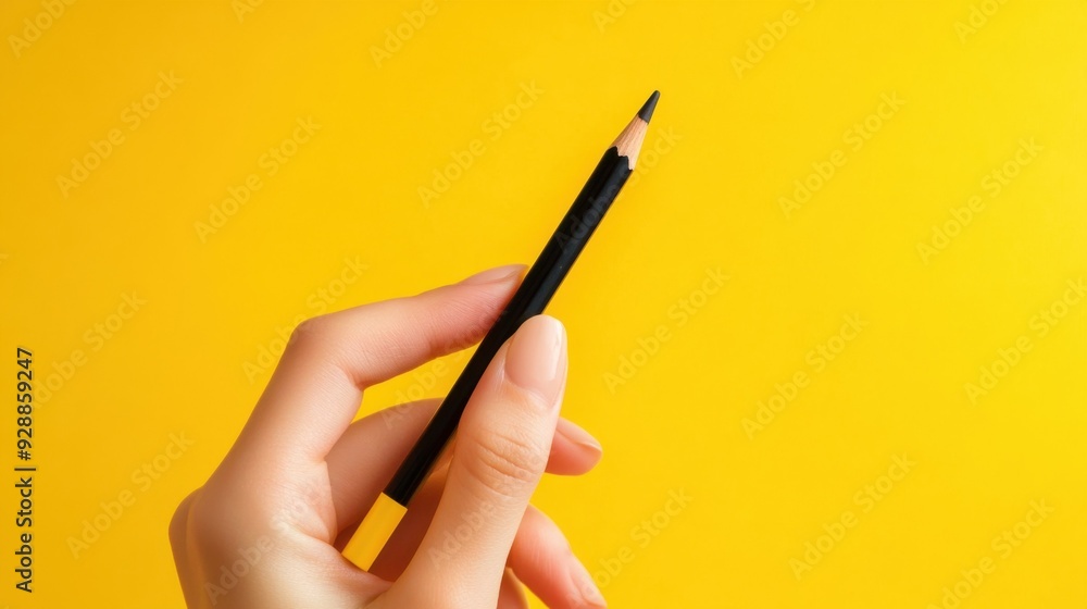 Black Pencil with Bright Yellow Background Vibrant Artistic Tool Close-Up Black Pencil with Bright Yellow Background Vibrant Artistic Tool Close-Up