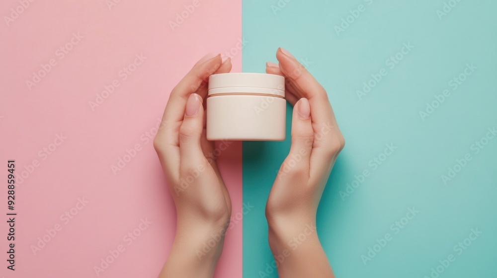 Hands Holding a Small Cream Jar on a Pink and Blue Background Hands Holding a Small Cream Jar on a Pink and Blue Background