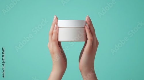 Hands Holding a Small White Container Against a Turquoise Background