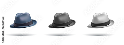 Set of colored realistic men's hats, 3D. Men's classic vintage hats, for gentlemen. Vector