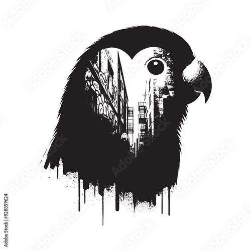 silhouette of Lovebird filled with graffiti street wall in rough drawing