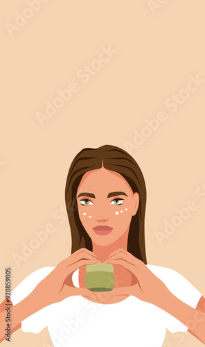 A beautiful woman holding a cream in her hands advertises care cosmetics for the body and face. Cosmetology. Anti-aging cosmetics. Facial skin care vector flat illustration for advertising, mokap