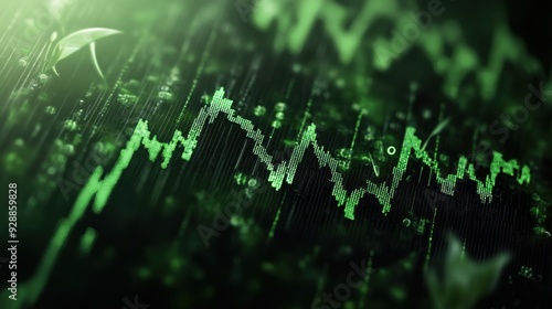 Abstract Digital Stock Market Chart with Green Financial Data and Growth Indicators on a Dark Background