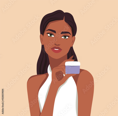Beautiful dark-skinned African American woman advertising holding cream in her hands. Cosmetology. Aging. Facial skin care, Vector flat illustration for advertising, website, banner, posters, cover