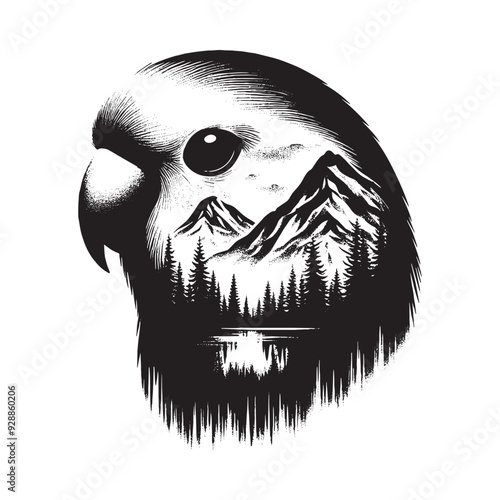 silhouette of Lovebird filled with mountain and nature view in rough drawing