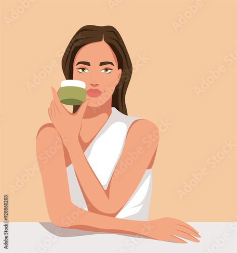 Cosmetology. Anti-aging cosmetics. Facial skin care. A beautiful woman holding a cream in her hands advertises care cosmetics for the body and face. Vector flat illustration for advertising, website