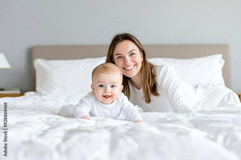 Baby sitting on pillow in bedroom of happy mother with her little one Baby sitting on pillow in bedroom of happy mother with her little one