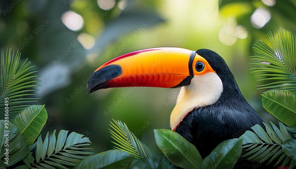 Fototapeta premium Tropical Toucan Bird in Jungle Leaves