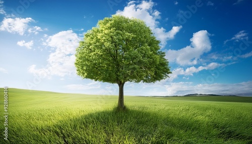 The green tree is standing in the middle of the field