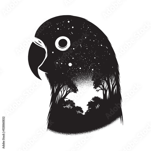 silhouette of Lovebird filled with nature night view in rough drawing