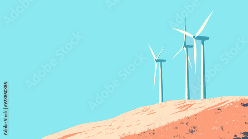 Minimalist Illustration of Wind Turbines on a Desert Hill Under Clear Blue Sky Promoting Renewable Energy and Environmental Sustainability