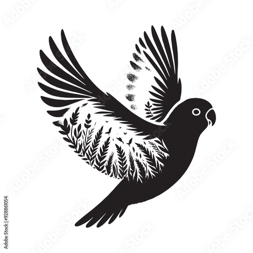 silhouette of Lovebird filled with nature view in rough drawing