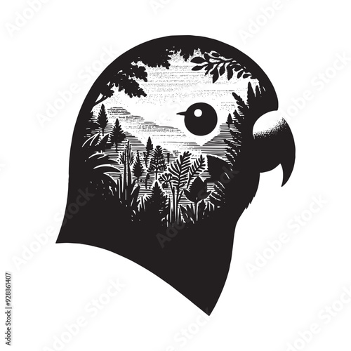 silhouette of Lovebird filled with nature view in rough drawing
