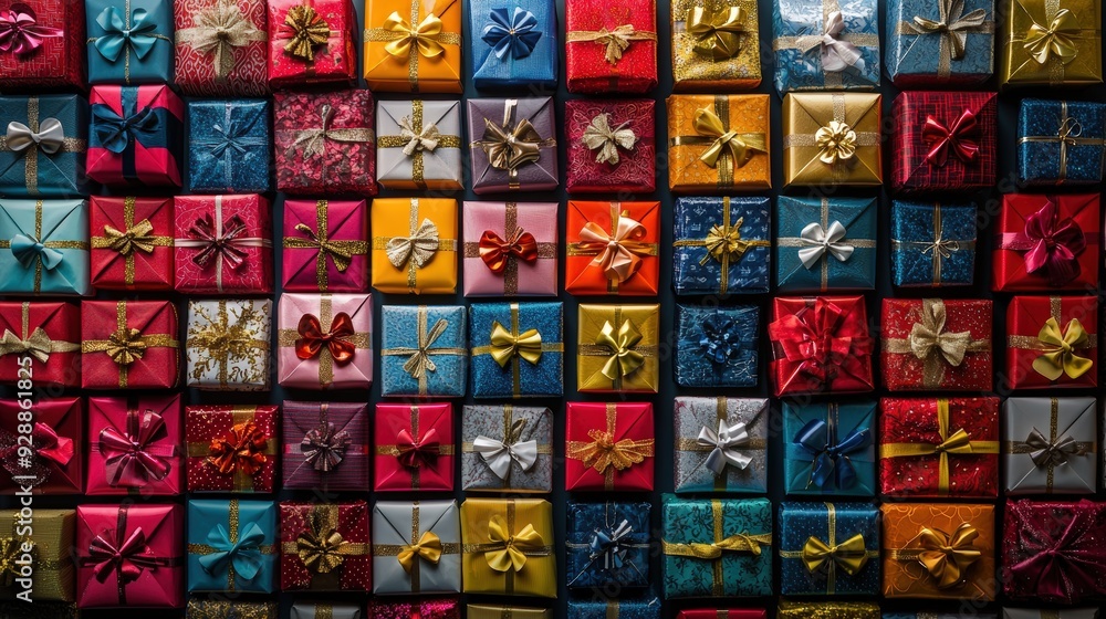 An array of vividly wrapped presents with decorative bows all set up for a festive occasion, creating a cheerful atmosphere An array of vividly wrapped presents with decorative bows all set up for a festive occasion, creating a cheerful atmosphere