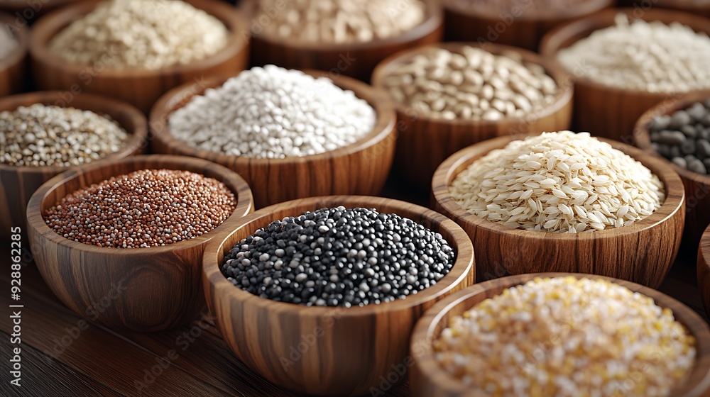 Variety of Grains in Wooden Bowls. Variety of Grains in Wooden Bowls.