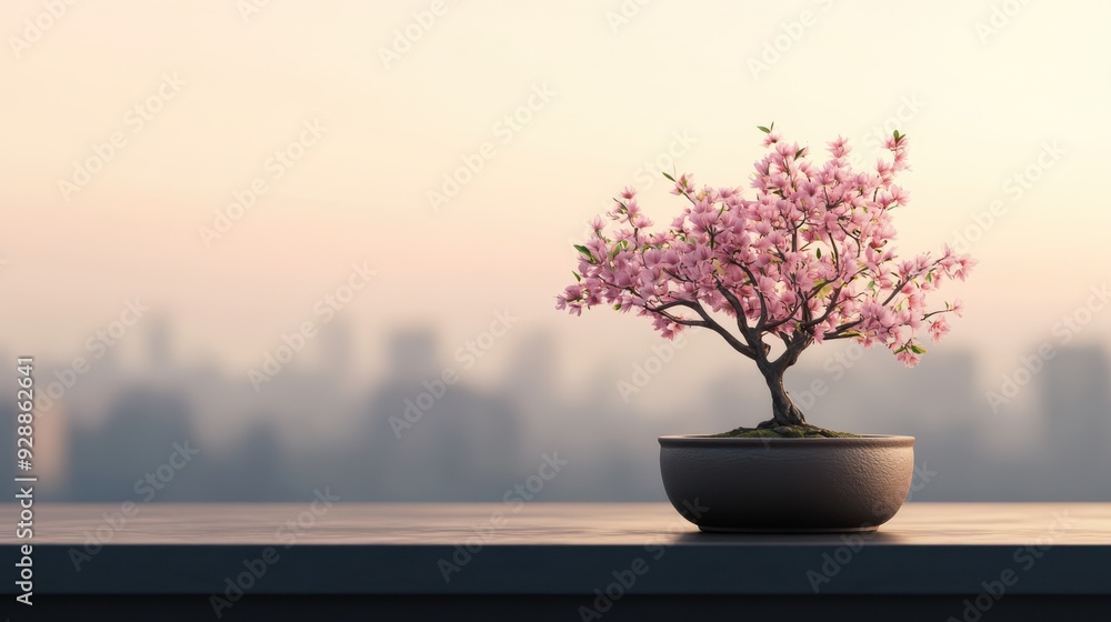 Bonsai tree with pink blossoms on rooftop at sunset with city skyline in background. Bonsai tree with pink blossoms on rooftop at sunset with city skyline in background.
