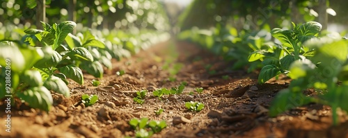 Vegetable garden with neat rows of plants, 4K hyperrealistic photo