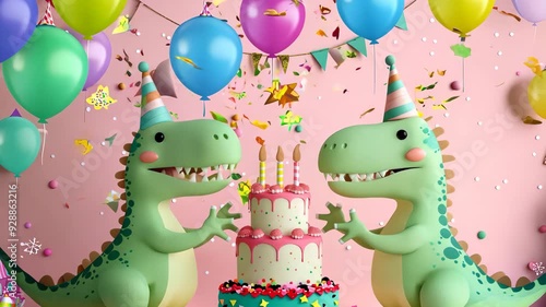 Two happy dinosaurs celebrating birthday with falling confetti