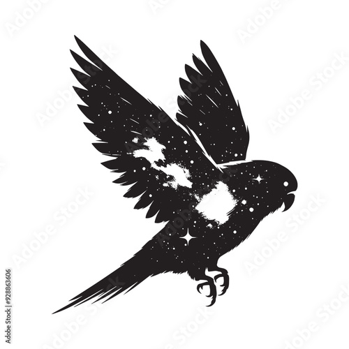 silhouette of Lovebird filled with space and sci-fi element in rough drawing