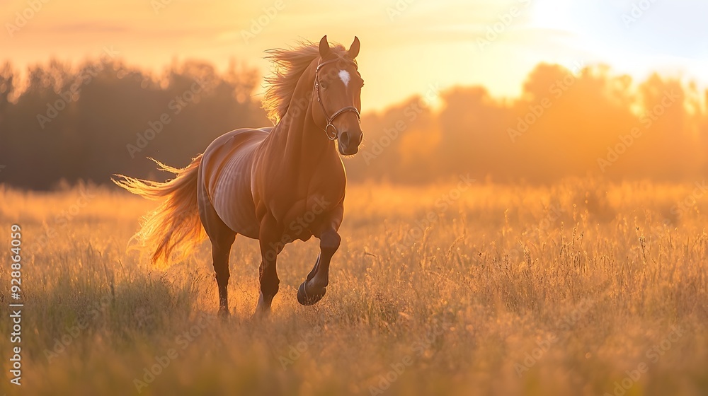 Majestic Horse Galloping Freely in Golden Sunrise Field Landscape Majestic Horse Galloping Freely in Golden Sunrise Field Landscape