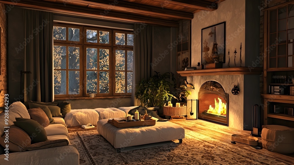 Fototapeta premium Cozy and Inviting Living Room with a Crackling Fireplace for Comfortable Relaxation