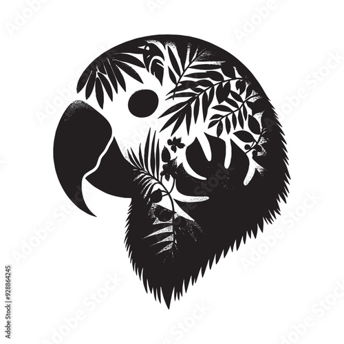 silhouette of Lovebird filled with tropical plant in the jungle in rough drawing