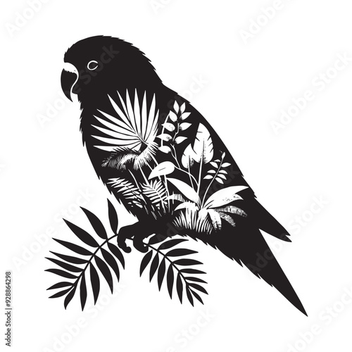 silhouette of Lovebird filled with tropical plant in the jungle in rough drawing