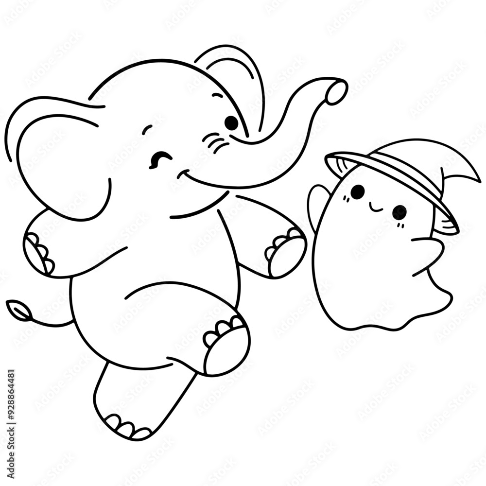 Delightful hand-drawn Halloween illustration of a happy elephant and an adorable ghost in a witch hat, perfect for festive designs Delightful hand-drawn Halloween illustration of a happy elephant and an adorable ghost in a witch hat, perfect for festive designs