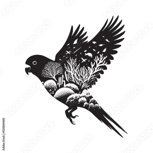 silhouette of Lovebird filled with underwater view with coral in rough drawing