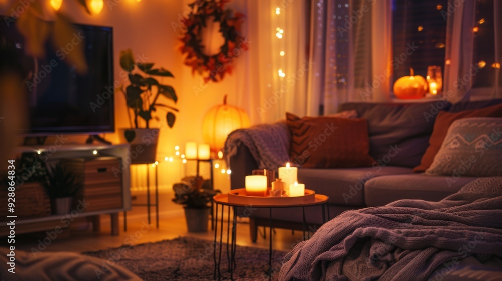 Obraz premium The living room is softly illuminated by candles and pumpkin decorations, creating a warm, inviting atmosphere perfect for autumn evenings.