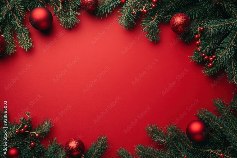 Christmas background with red color and green tree branches, festive decoration with balls on flat lay red paper. Christmas background with red color and green tree branches, festive decoration with balls on flat lay red paper.