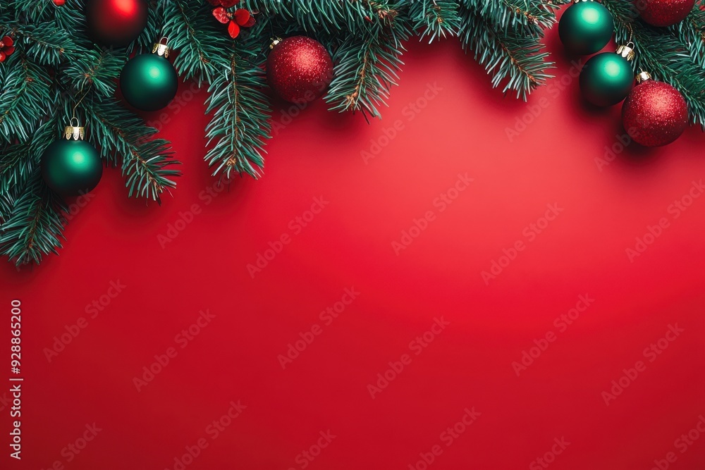 Christmas background with red color and green tree branches, festive decoration with balls on flat lay red paper. Christmas background with red color and green tree branches, festive decoration with balls on flat lay red paper.