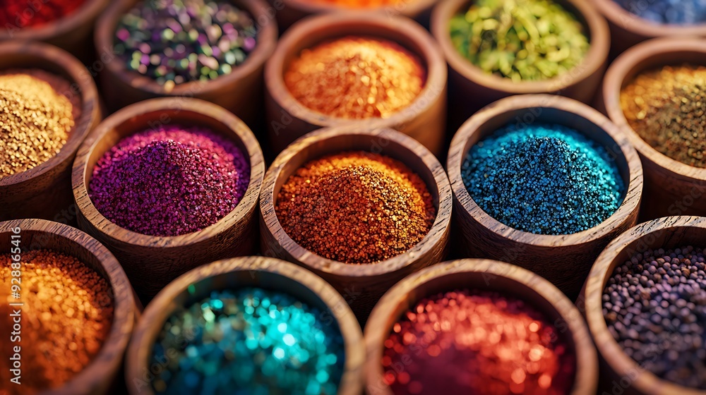 Colorful Spices in Wooden Bowls. Colorful Spices in Wooden Bowls.