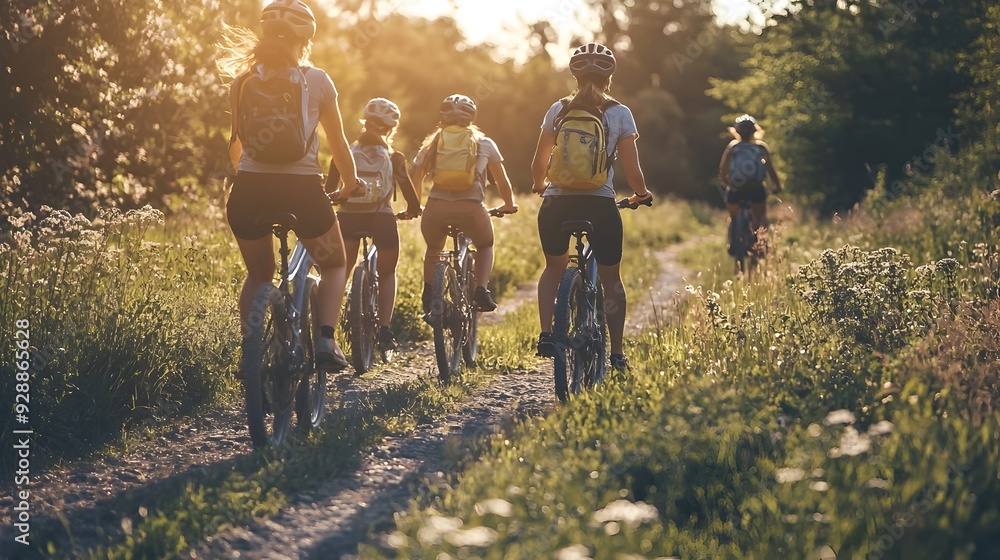 Fototapeta premium Adventurous Friend Group Exploring Scenic Countryside Landscape on Bicycles