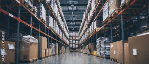 A spacious warehouse interior filled with neatly stacked boxes and organized shelves, showcasing efficient storage solutions.