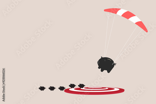 piggy bank with parachute landing on the target. concept of goal, opportunity and success