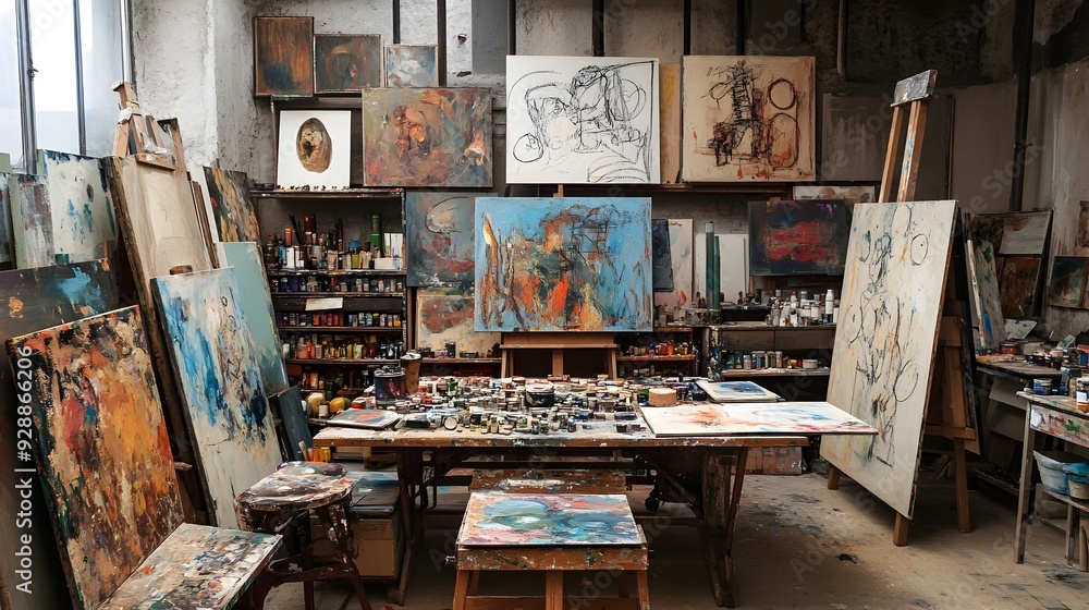 Vibrant and Expressive Creative Studio with Canvases Paints and Sketches Vibrant and Expressive Creative Studio with Canvases Paints and Sketches