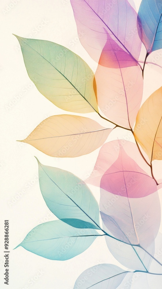 An array of multi-colored glass leaves in soft pastel colors, superimposed on each other on light background. Abstract display of colors and transparency. Concept autumn. An array of multi-colored glass leaves in soft pastel colors, superimposed on each other on light background. Abstract display of colors and transparency. Concept autumn.