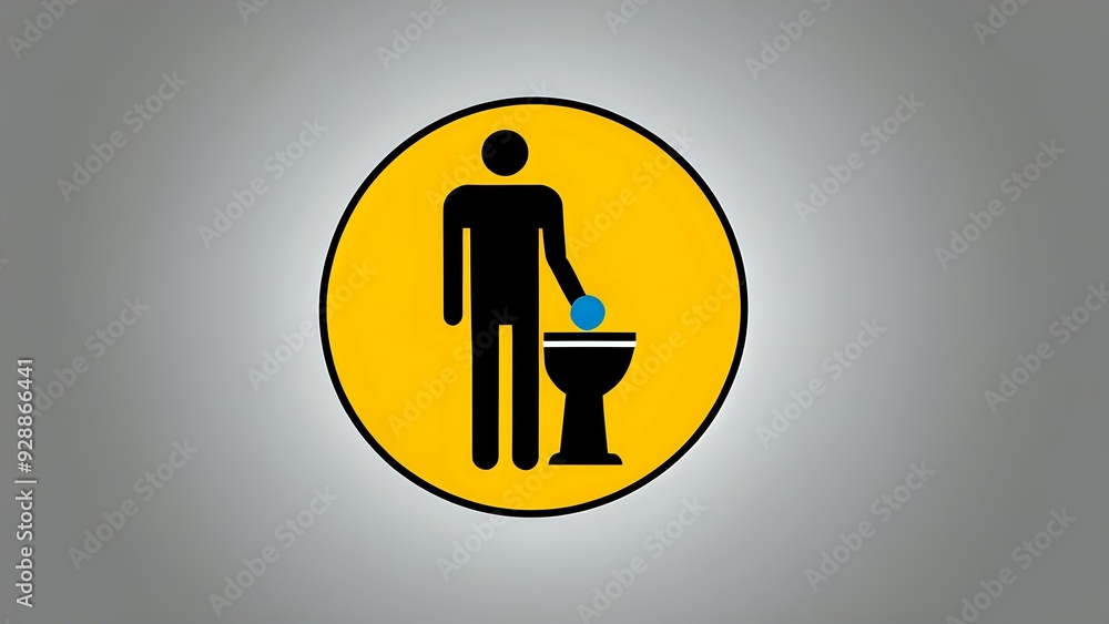 Yellow circle sign with a black stick figure putting a blue ball in a black cup. Yellow circle sign with a black stick figure putting a blue ball in a black cup.