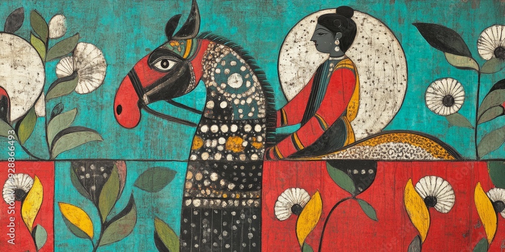 Obraz premium Majestic Madhubani Horseman: Traditional Indian Folk Art on Textured Background. Vibrant Cultural Illustration for Luxury Scarves, Children's Books, and Web Design. Harmony of Human and Nature in 4K D