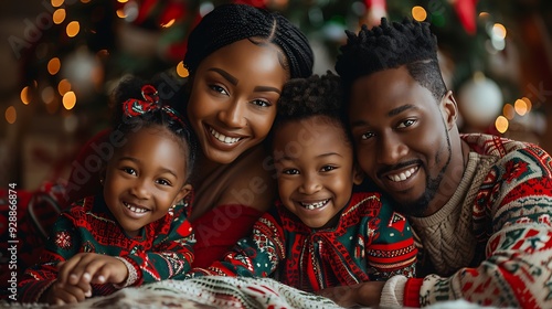 A cheerful family holiday portrait, with parents and children dressed in matching red and green outfits, posing in front of a glowing Christmas tree, the room filled with festive decorations, photo