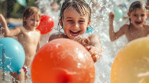 Joyful children playing with colorful balloons and splashing water in a fun summer outdoor pool activity