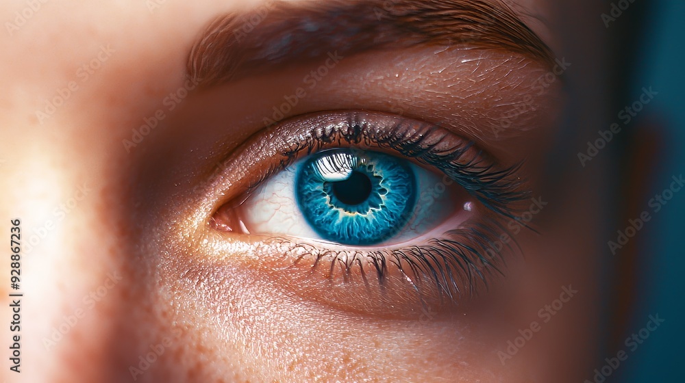 Stock photo of a close-up photograph of a human eye with blue iris on a light background, reflecting a concept of beauty and detail. Stock photo of a close-up photograph of a human eye with blue iris on a light background, reflecting a concept of beauty and detail.