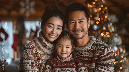 A classic holiday portrait of a family dressed in matching winter sweaters, posing in front of a beautifully lit Christmas tree, the room adorned with festive decor, perfect for a holiday card.