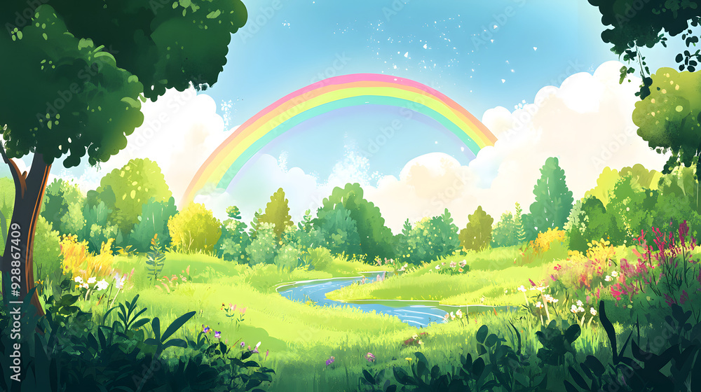 Serene Lush Meadow with Vibrant Rainbow Arching Over Clear Stream and Blooming Wildflowers in Summer Sunshine Serene Lush Meadow with Vibrant Rainbow Arching Over Clear Stream and Blooming Wildflowers in Summer Sunshine