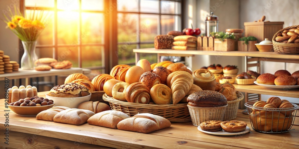 A 3D bakery table with a selection of pastries and soft light, symbolizing a perfect morning in a bakery A 3D bakery table with a selection of pastries and soft light, symbolizing a perfect morning in a bakery