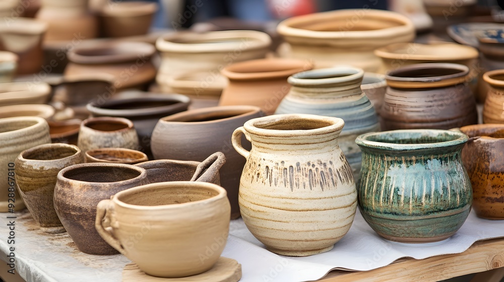 Assortment of Handcrafted Ceramic Pottery Displayed at a Craft Market Assortment of Handcrafted Ceramic Pottery Displayed at a Craft Market