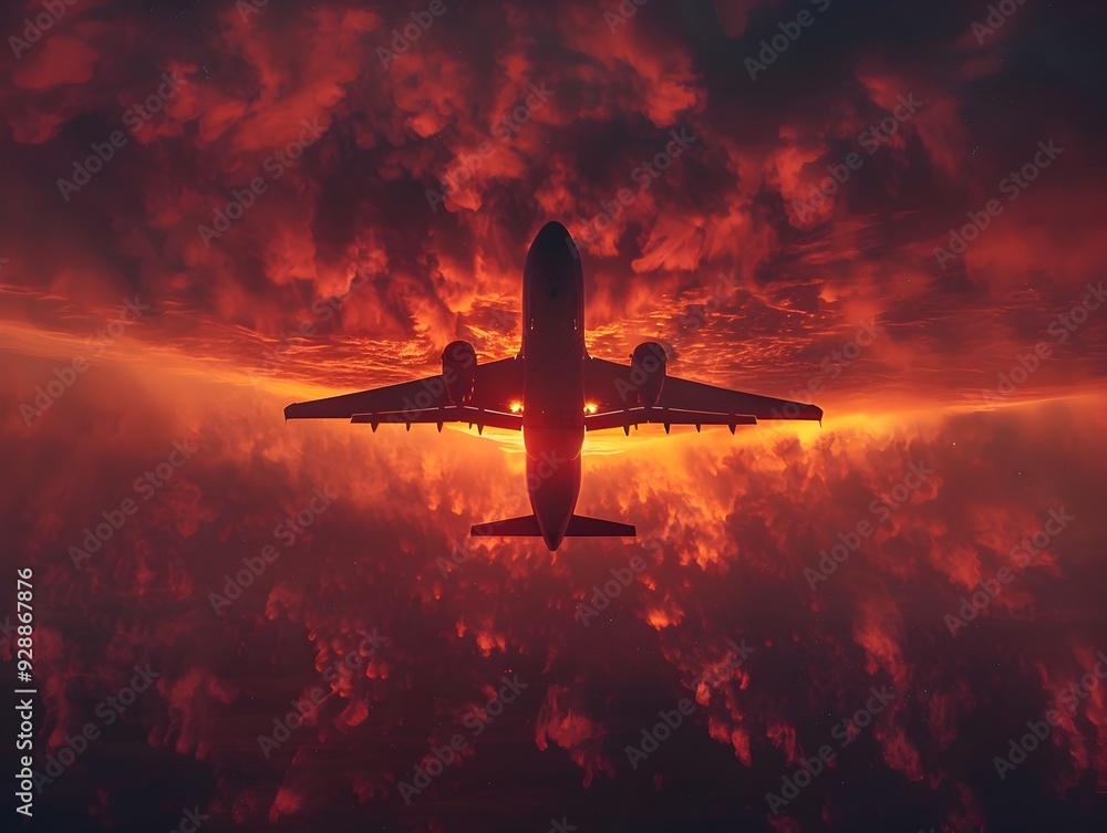 Naklejka premium Dramatic Fiery Sunset Silhouettes an Airplane in Flight Against the Sky