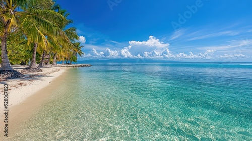 Tropical Beach with Palm Trees. A serene tropical beach with clear turquoise water, palm trees swaying, and a bright blue sky.