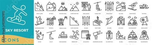 Ski Resort icon. Snowy Slopes, Ski Trails, Mountain Views, Alpine Adventure and Skiing Lessons